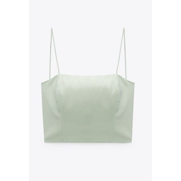 Zara XS Flowy Crop Top Mint Green Strappy Lace Up Back Square Neck New - Picture 3 of 16